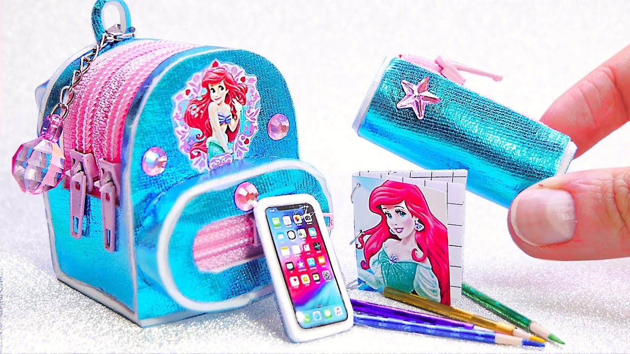 DIY Miniature Ariel School Supplies ~ Little Mermaid Backpack, Liquid Pen, Pencil Case