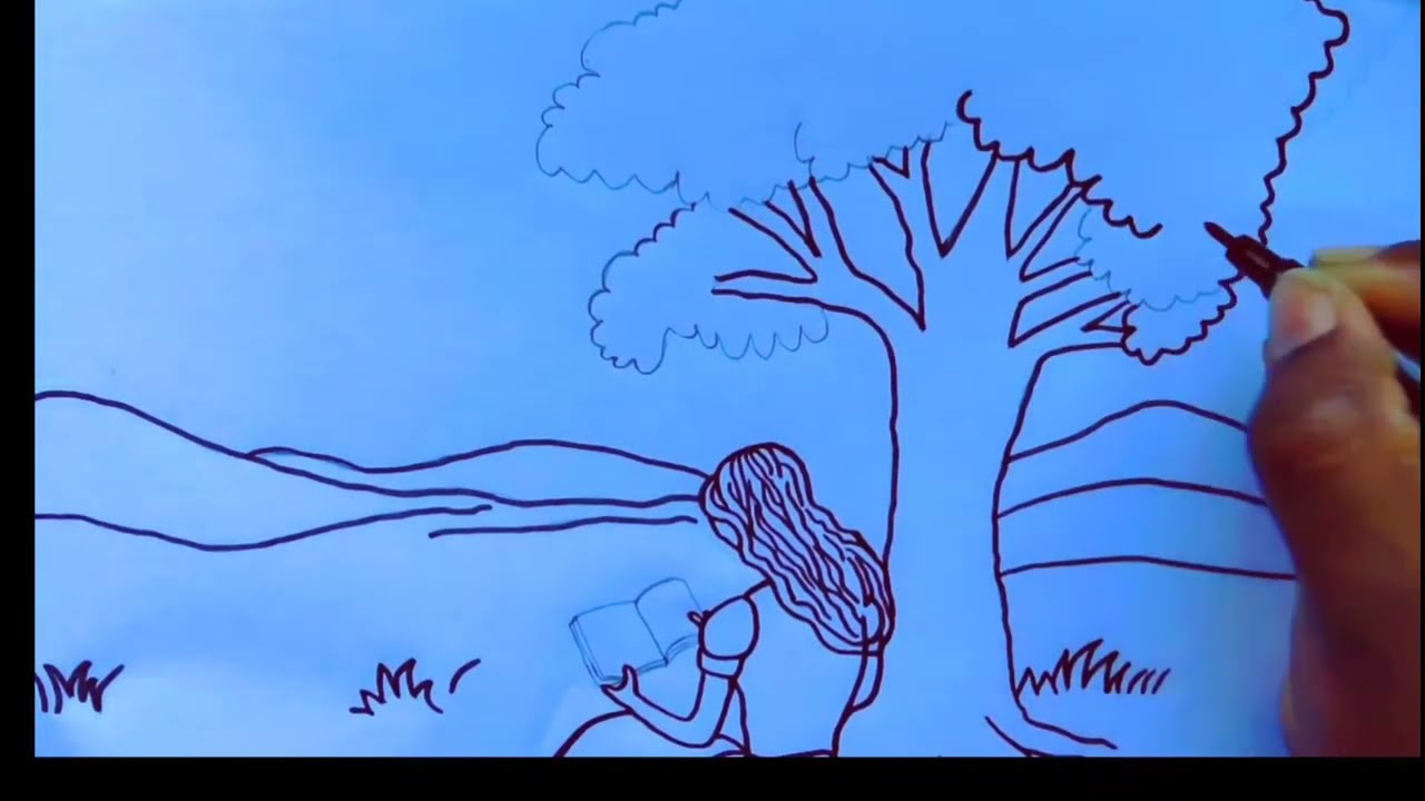 Easy Village Girl and Tree Scenery Drawing