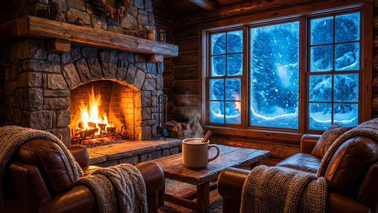 Cozy Cabin during a Heavy Blizzard ❄️ Fireplace & Howling Wind Sounds