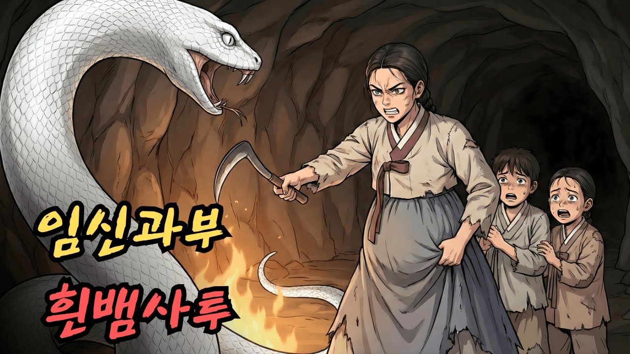 임신한 과부가 두 아이와 함께 동굴에서 살다가 뜻밖에 커다란 흰 뱀을 만난다. 그녀는 아이들을 지키기 위해 필사적으로 싸운다. | 민담 | 전설 | 설화 | 옛날이야기