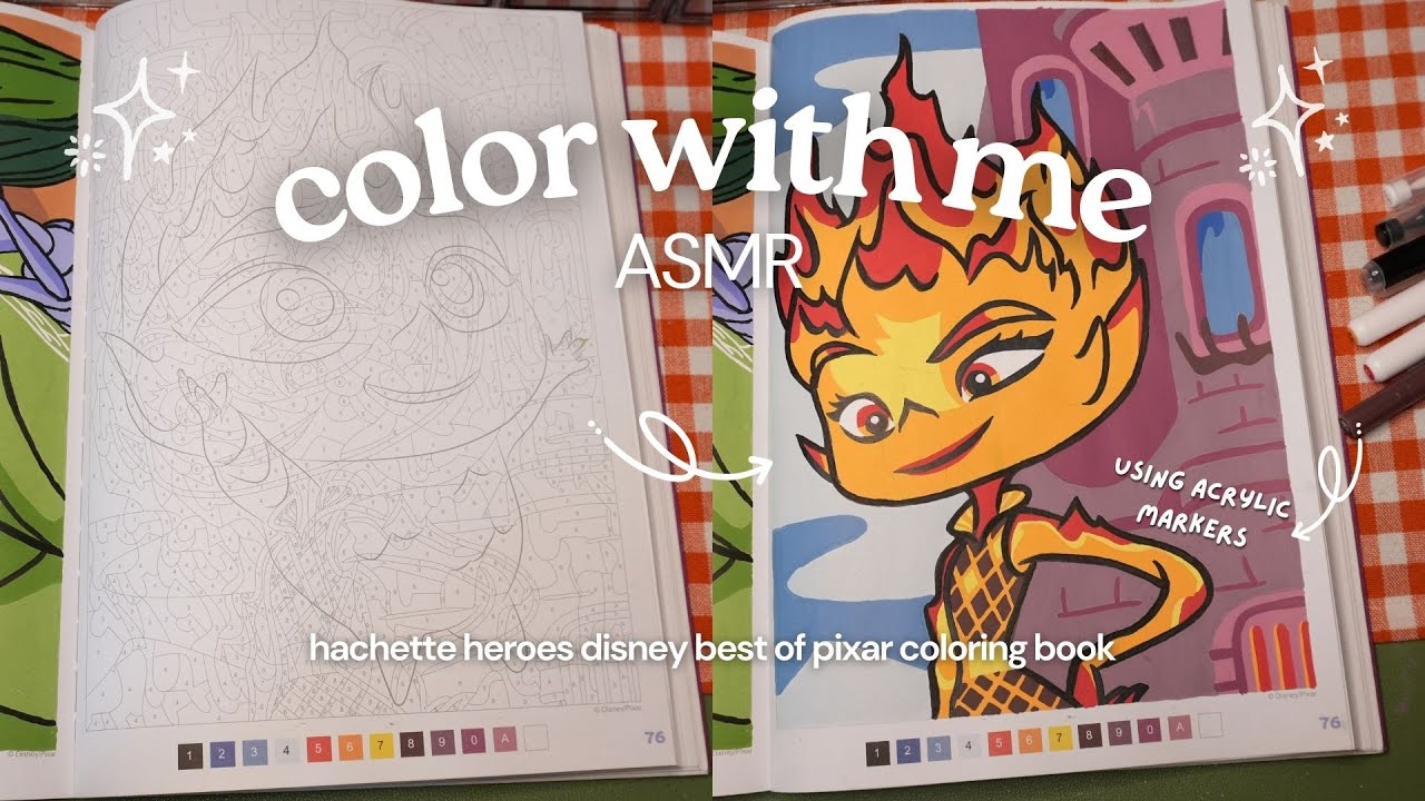 color with me (ASMR) 🔥🧡 Disney Pixar mystery coloring book - Ember using Guangna acrylic markers