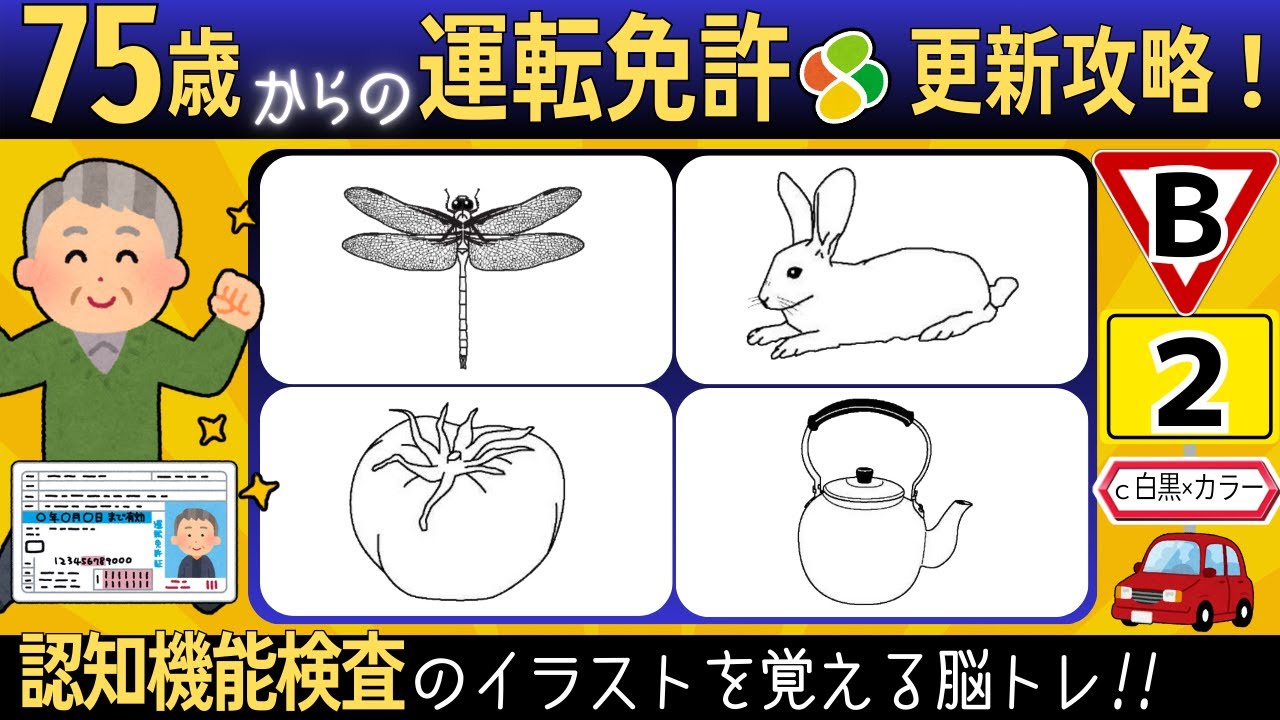 認知機能検査のイラストを覚えよう【イラストB2c×8問】自動車免許更新の高齢者講習合格のための練習と裏技攻略法！実際に使う絵で脳トレゲーム式記憶法！