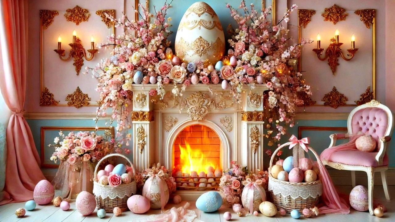 Easter Ambience with Fireplace 🐣 Pastel Eggs, Crackling Fire & Spring Decor