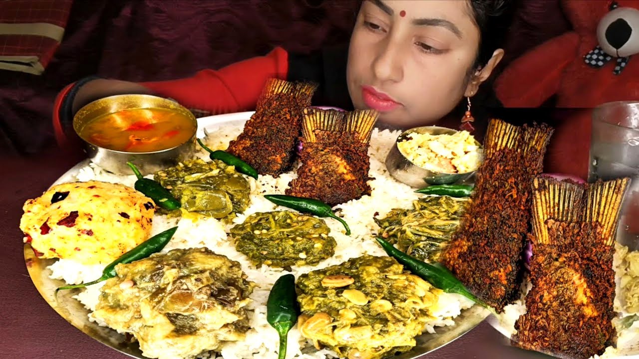 SPICY🔥BHORTA, FISH MASALA FRY, SOJINA FULL CHOCHORI,LAU SHAK,DAL,BASMATI RICE🌶️CHILLIES ASMR MUKBANG
