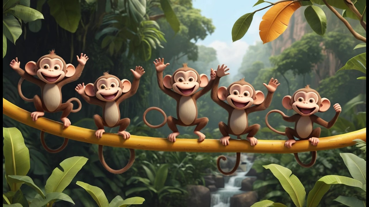 Cinco Monitos Saltan, Saltan, Saltan | Canción Infantil de Movimiento y Conteo
