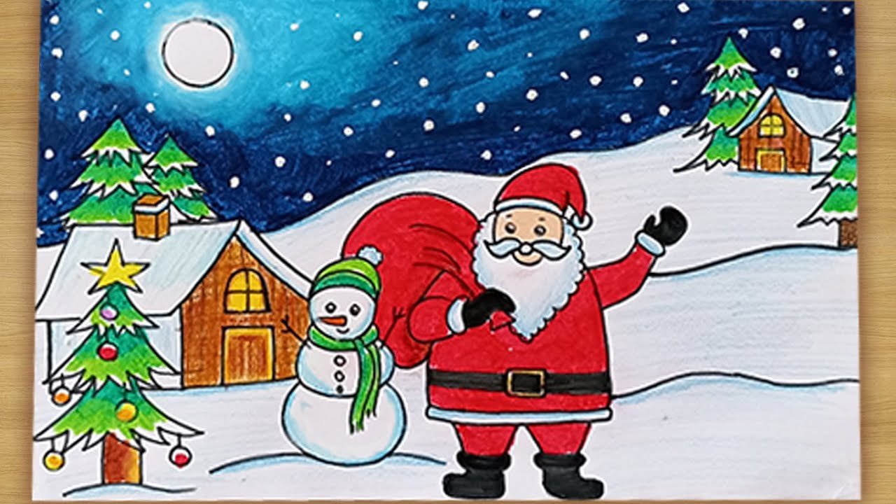 How to draw scenery santa Christmas drawing | merry christmas drawing | very easy and simple
