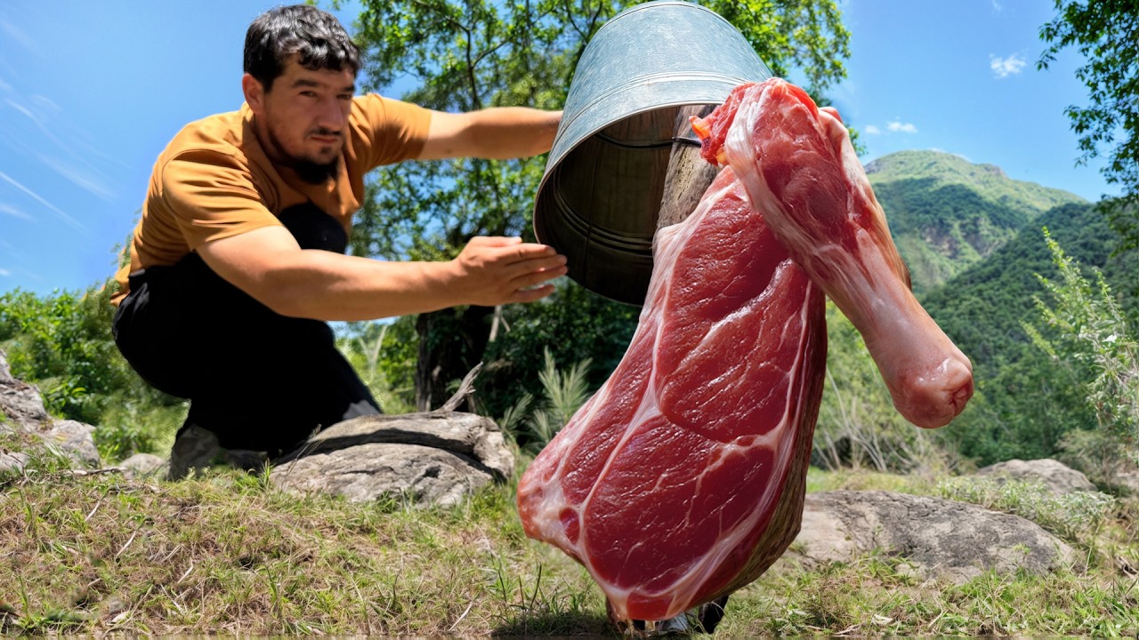 Fire-Roasted Lamb in Metal Buckets – A Juicy Campfire Feast