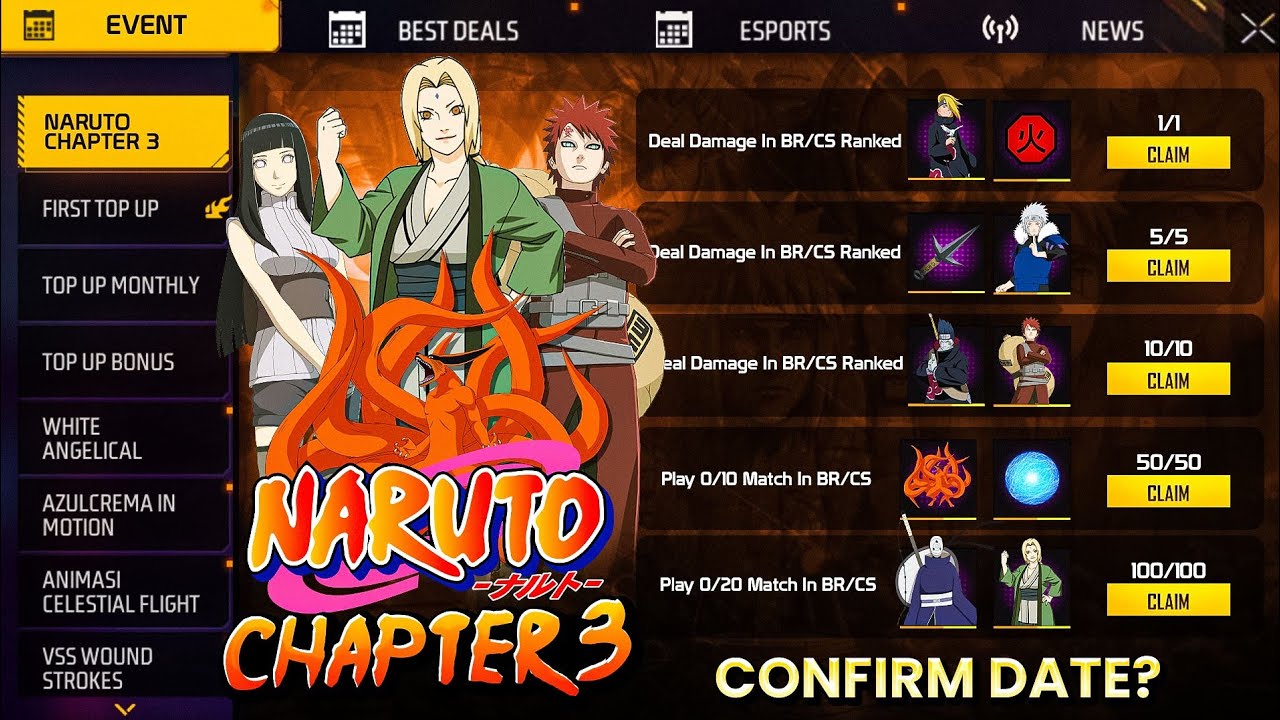 NARUTO CHAPTER 3 EVENT 100%🤩 CONFIRMED FREE FIRE | NARUTO CHAPTER 3 FREE FIRE | FREE FIRE NEW EVENT