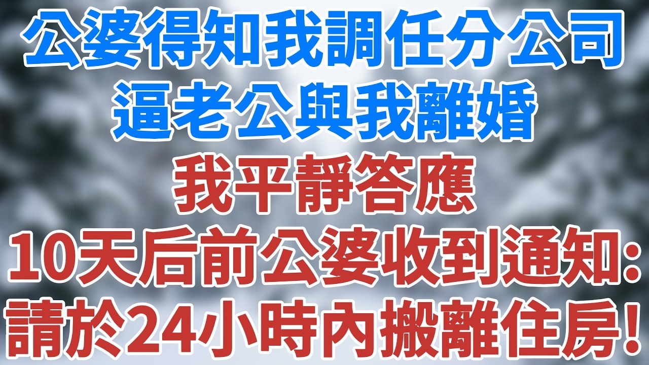 公婆得知我調任到分公司，逼老公與我離婚，我沒鬧，平靜答應。10天后前公婆收到通知：因職務調整，請於24小時內搬離單位住房！#婚姻經營 #人生感悟 #故事分享 #故事頻道 #雪兒講故事 #情感故事