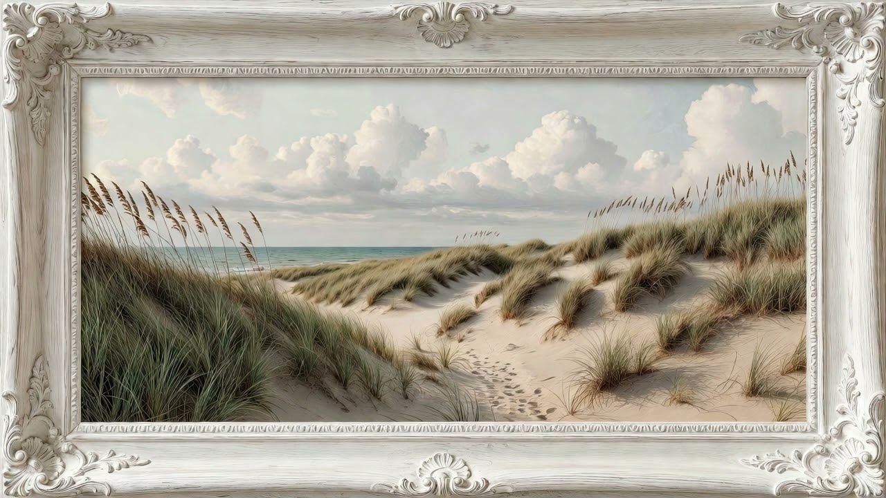 Coastal Calm 4K Frame TV Art | Sand Dunes & Ocean Seascape in Baroque Frame