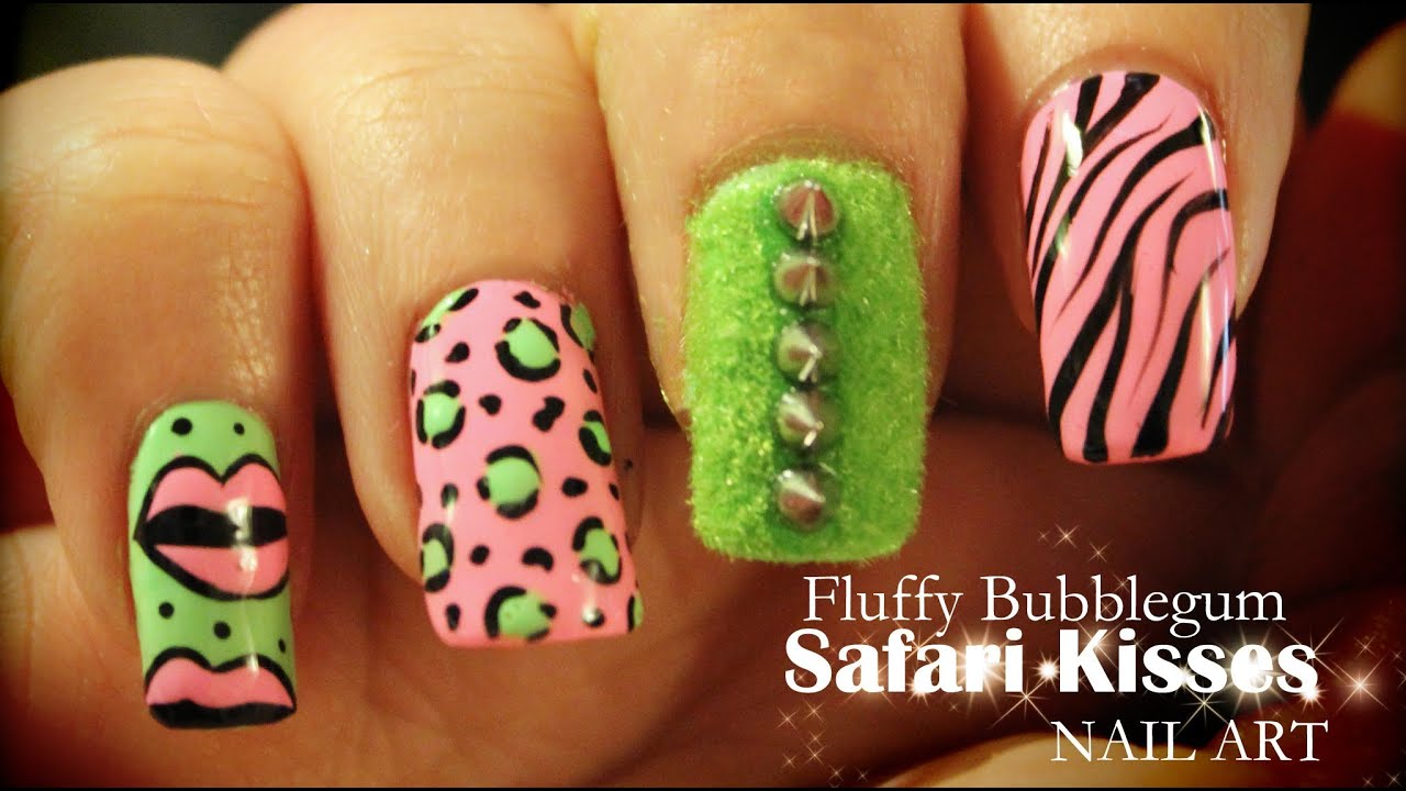 Fluffy Bubblegum Safari Kisses nail art