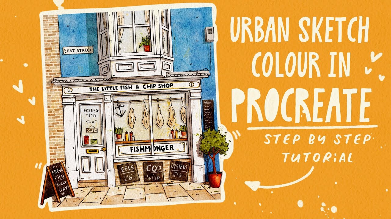 Colour Fish & Chips shop in Procreate using watercolour brushes - urban sketch style tutorial