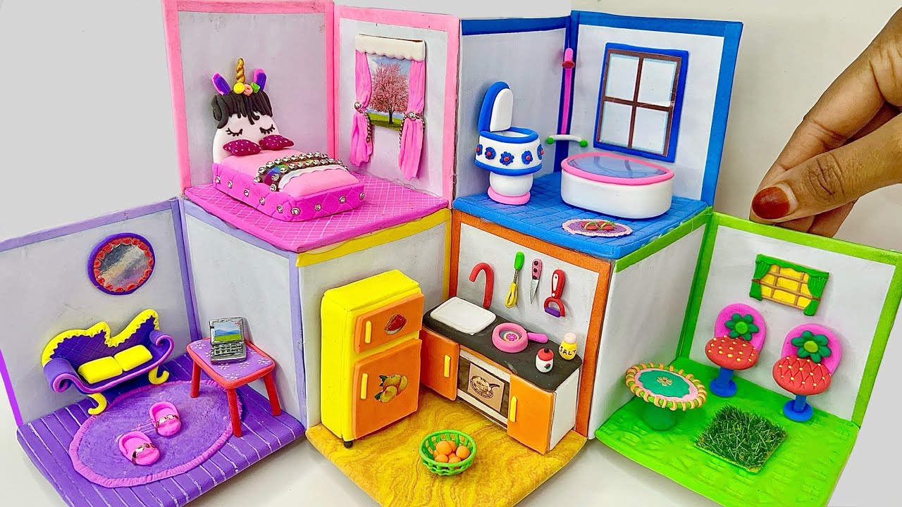 DIY How to make polymer clay miniature House,kitchen set,Washroom set,Bedroom|dollhouse  |Clay house