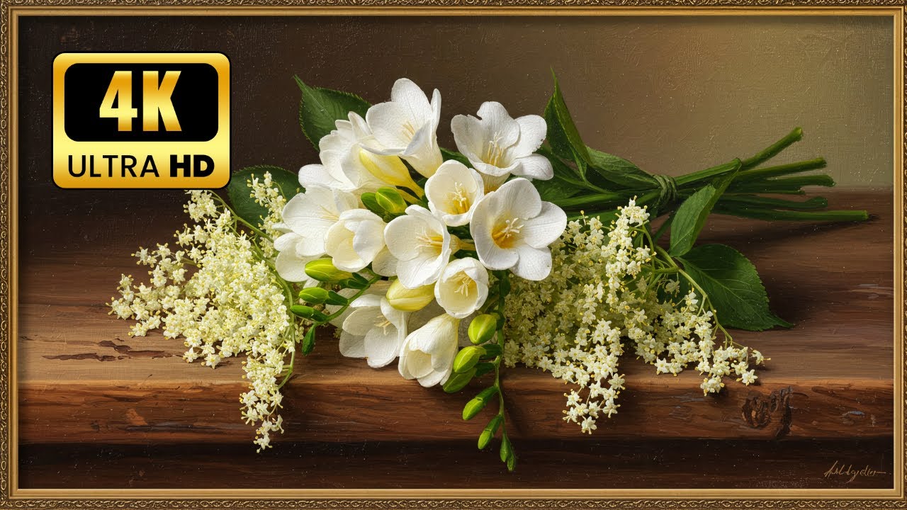 Vintage White Freesia and Wildflower Bouquet | 4K Masterpiece to Inspire Calm | Gold Frame TV ART