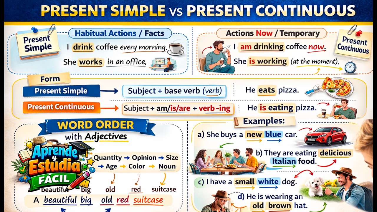 Este es el orden correcto de los adjetivos en inglés | Present Simple vs Present Continuous