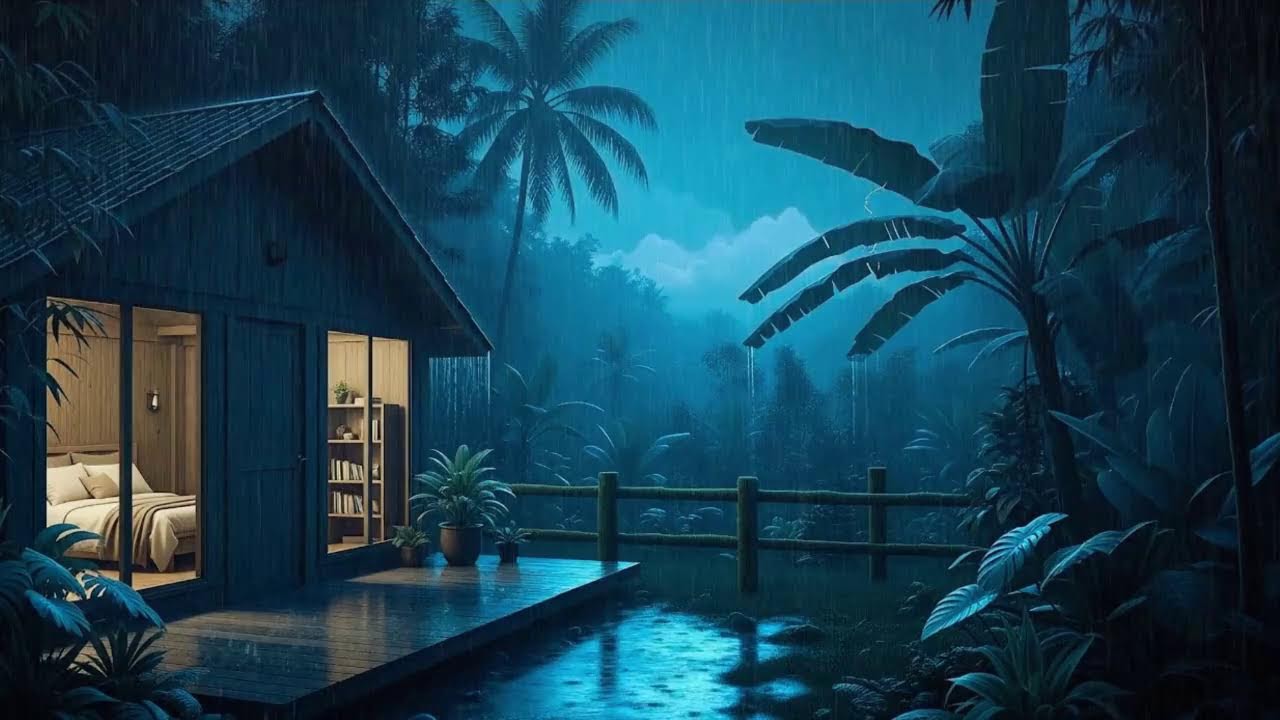 Soft Rain and Deep Storm Slow Brain for Sleep in a Remote Tropical Cabin 🌧️