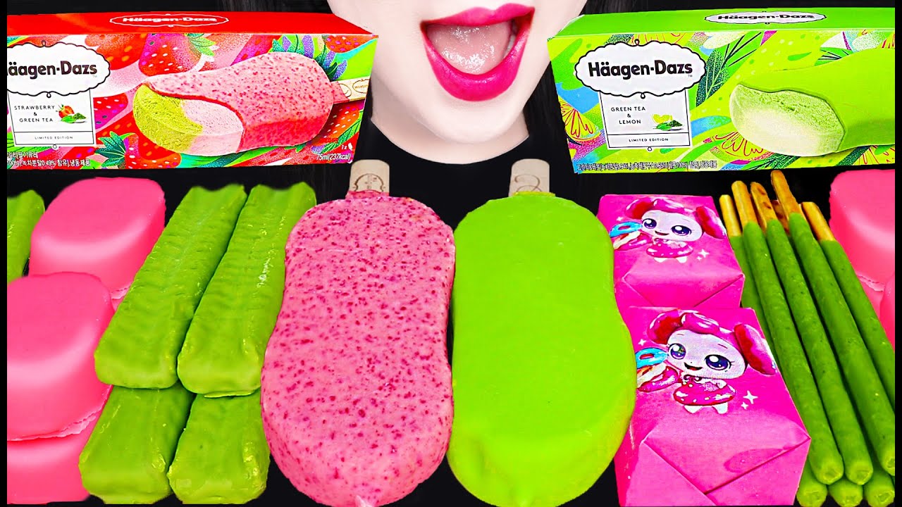 ASMR Haagen-Dazs Green Pink Ice Cream 하겐다즈 신상 아이스크림 먹방 Mukbang, Eating