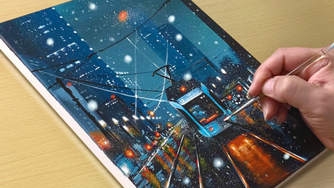 Snowy Cityscape Painting / Acrylic Painting / STEP by STEP #333