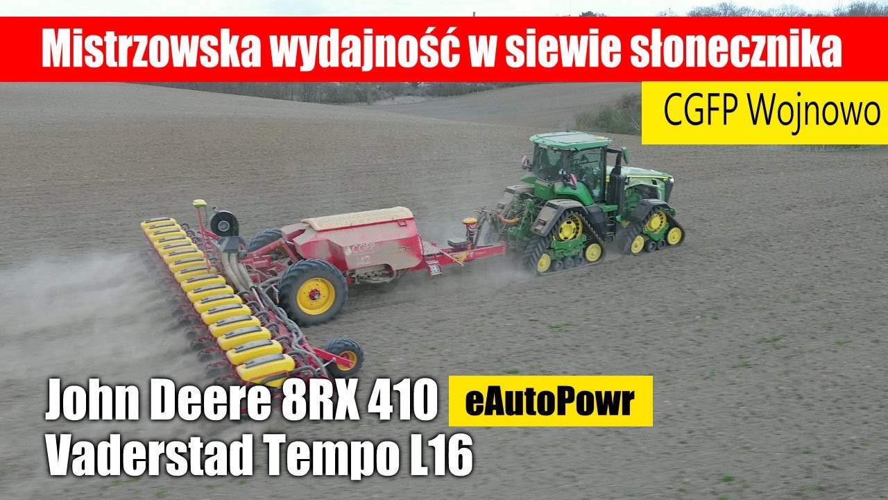 John Deere 8RX 410 eAutoPowr i Vaderstad Tempo L16 – Mistrzowska wydajność w siewie słonecznika