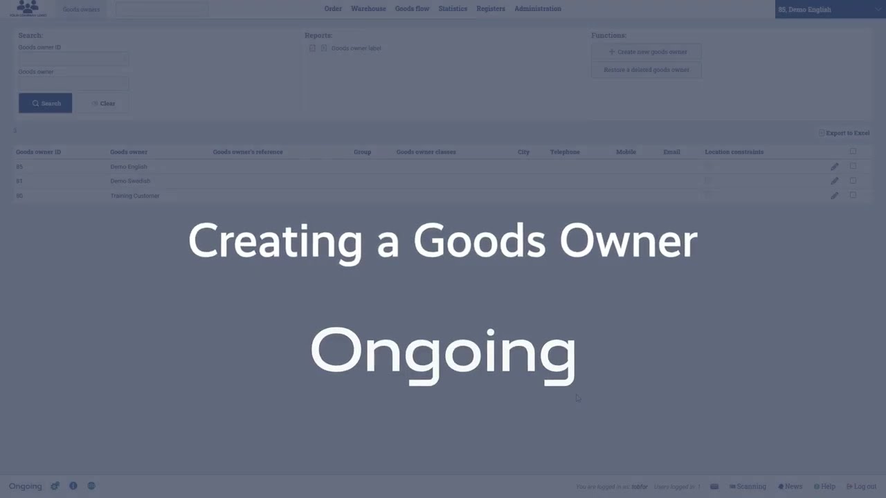 Creating a goods owner in Ongoing WMS