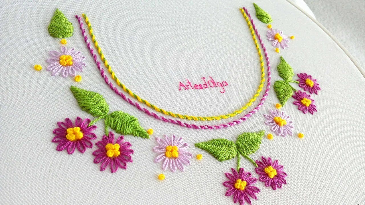 Hand Embroidery: Lazy daisy stitch neck design | Bordado a mano: Cuello con puntada margarita