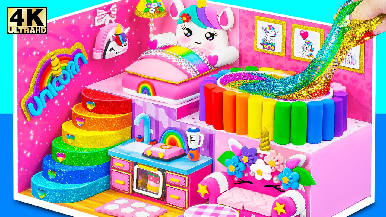 Make Unicorn Miniature House with Rainbow Slime Pool from Clay 🦄🌈 & Unboxing Ice Cream Shop Toy 🍧
