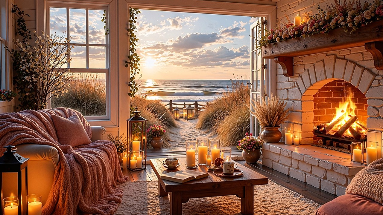 Cozy Beach Cottage at Sunrise 🌅🔥 Fireplace & Ocean Waves for Sleep & Relaxation