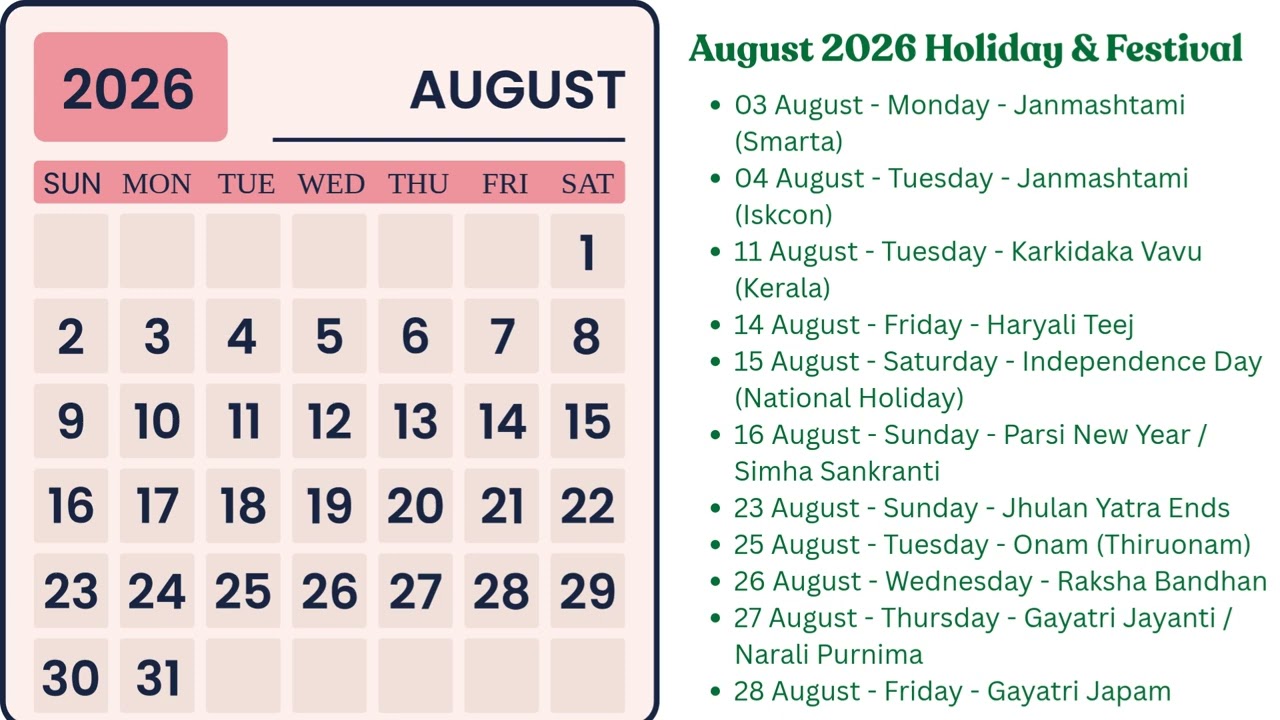 August 2026 Calendar: Holidays & Festivals India 🗓️ | अगस्त 2026 के व्रत और त्यौहार ✨