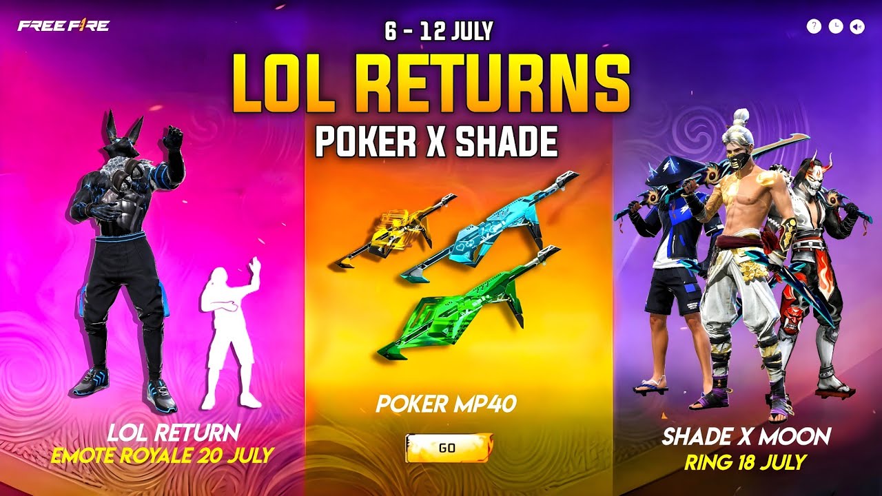 Lol Emote Return 100% Confirm 🥳🤯| poker mp40 | golden shade bundle | free fire new event | new event