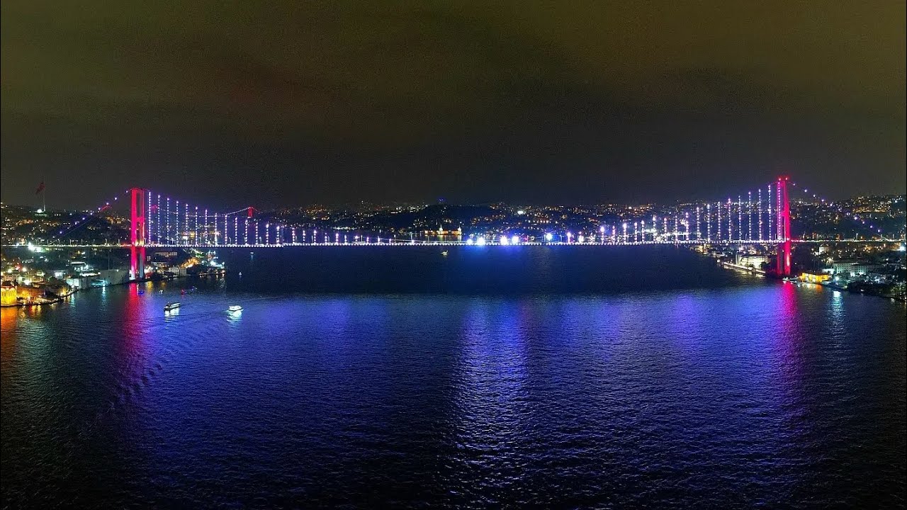 Drone - Grand Mecidiye Mosque and Bosphorus Bridge (Night) - Istanbul, Turkey 2023 4K