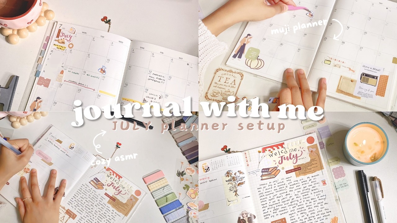 journal with me 📔 JULY muji planner monthly spread setup ₊˚🧸 cozy asmr soft music