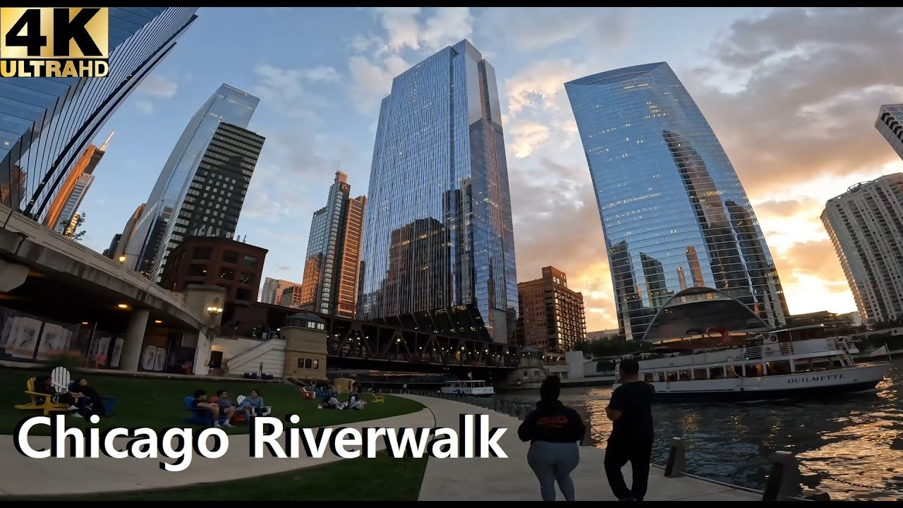 Chicago Riverwalk Night Walk 4K | Downtown Chicago City Lights