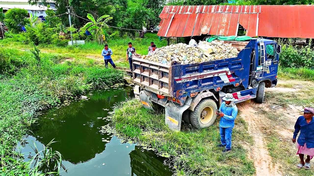 Amazing Land Filling Watchful Delete Pond !! Dump Truck 5Ton Unload & Bulldozer Push Stone to water