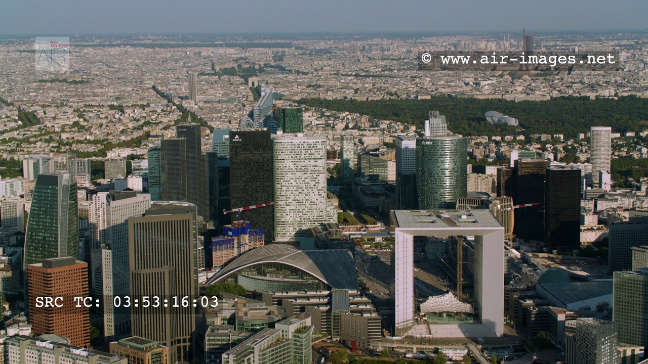 Aerial footage Business District Paris La D&eacute;fense / Triumphal Way / Paris Axe Historique