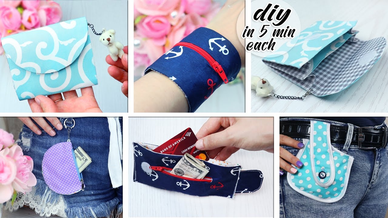 DIY MINI FREE-HANDS MONEY POUCH IDEAS 5 MIN ~ Fast Coins Pouch Bag Tutorial Handmade