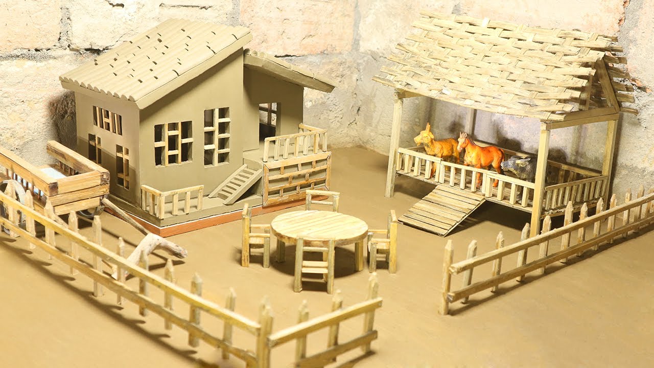 DIY Miniature Clay House with Animal Shelter, Ox cart, Table, Chairs, fence | Clay & Bamboo Crafts