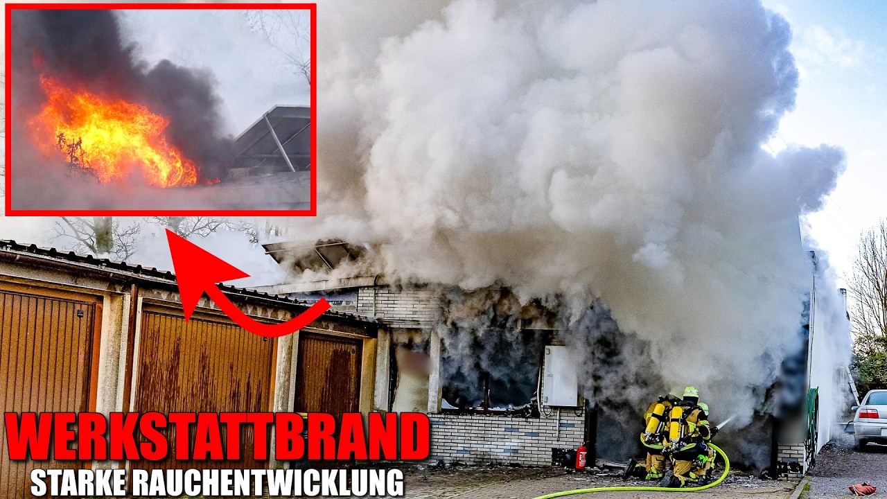 [KFZ-WERKSTATT IN VOLLBRAND!] - Starke Rauchentwicklung - 1 Schwerverletzter - Feuerwehr Essen -