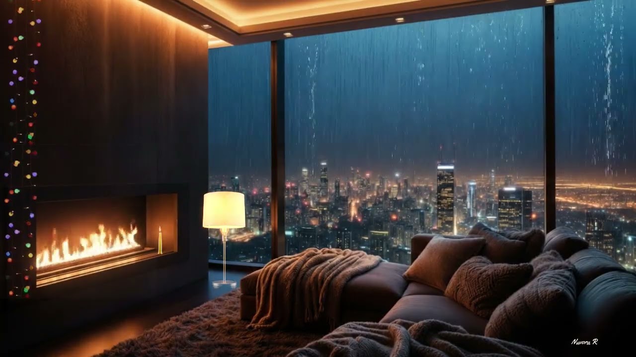 Cozy Luxury Bedroom Rain Sounds | Fireplace & Rainy City View for Sleeping (3 Hours)