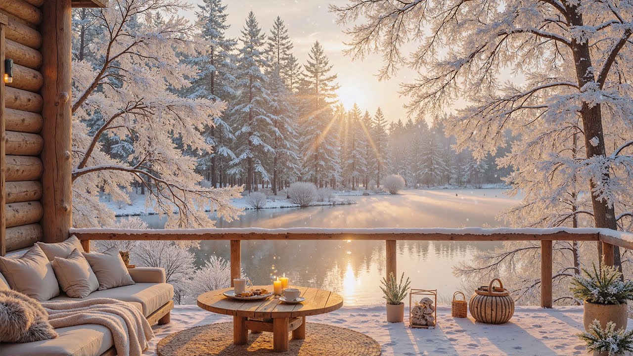 ❄️ Спокойное зимнее утро у озера | Уютная веранда домика, мягкий снег и безмятежная атмосфера 🌅