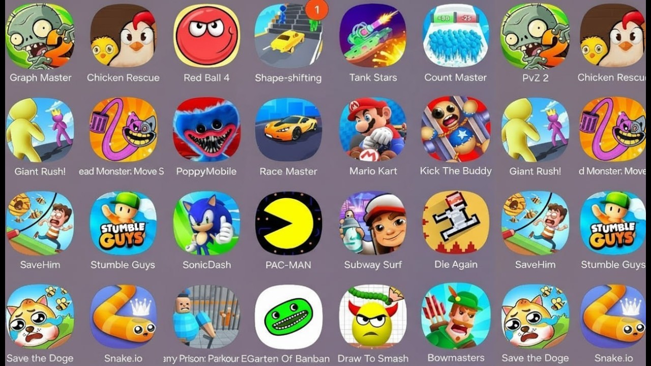Roblox,Sprunki survival,PVZ 2,Red Ball 4,Die Again,Mario Kart,Snake io,PAC Man,Bowmasters,Save him