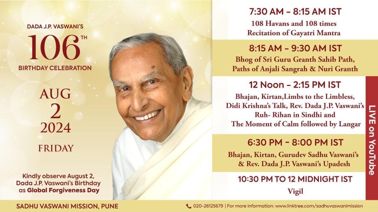 Dada J.P Vaswani's 106 Birthday Celebration | Didi Krishna's Talk | Noon Satsang | August 2, 2024