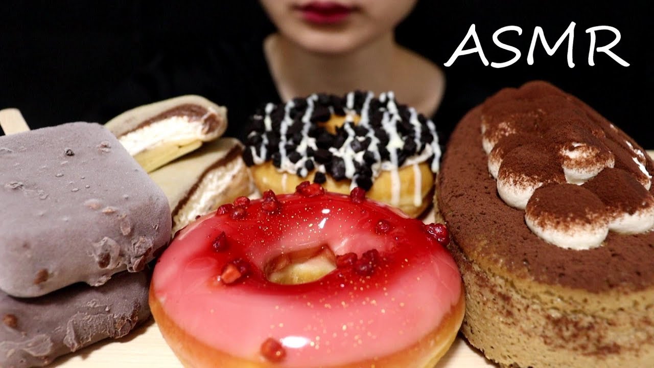 [ASMR] Еда суфле с тирамису, шоколадным мороженым и пончиком