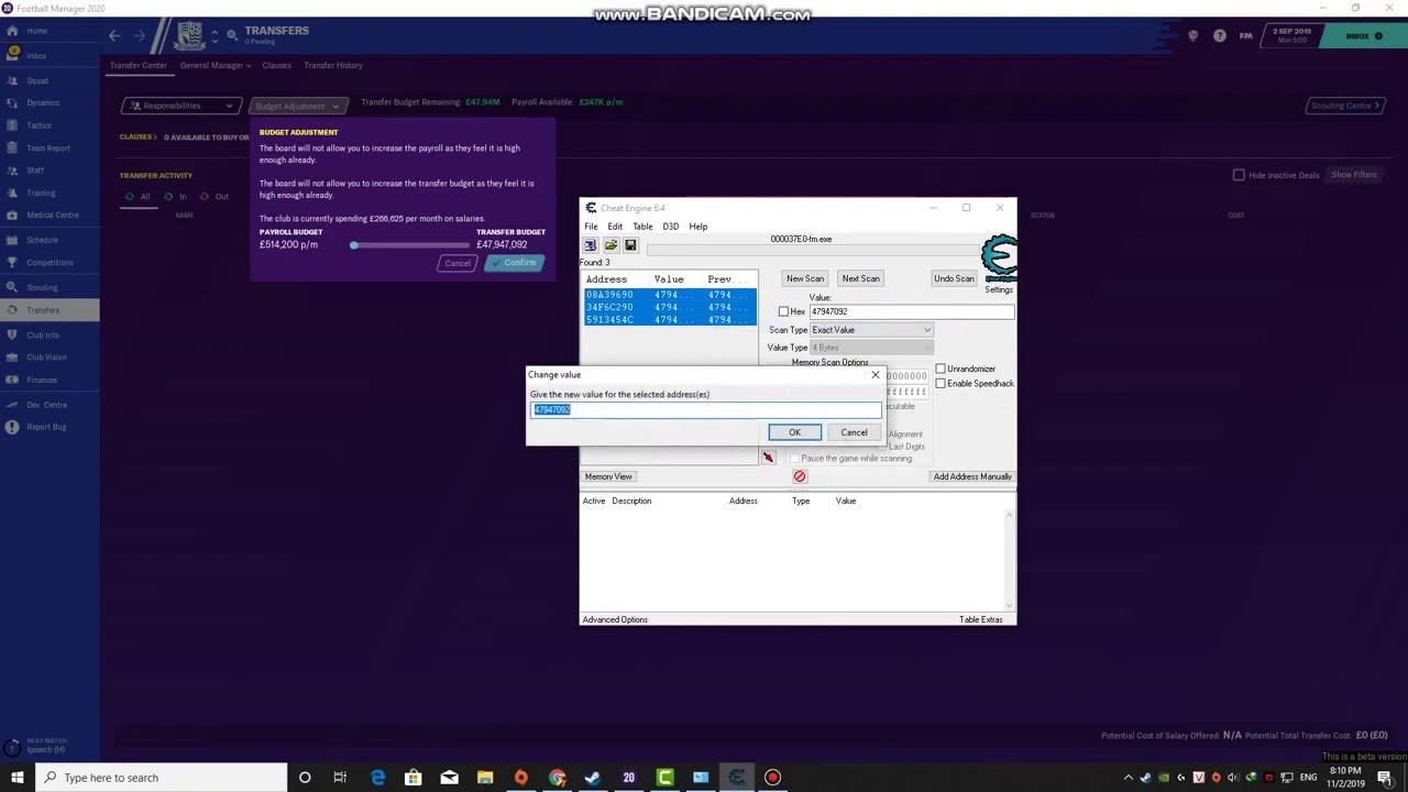 Football Manager 2020 unlimited Transfer Budget and Payroll With Cheat Engine