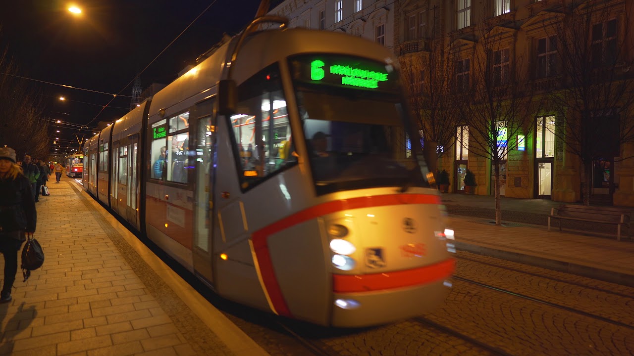 Czech Republic, Brno, tram 6 night ride from Mendłovo Námĕsti to Česká