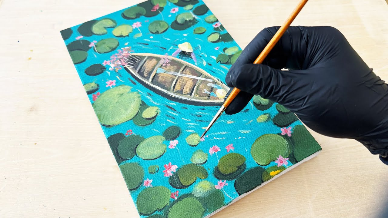 Tranquil Lotus Pond & Fisherman Picking Flowers | Acrylic Landscape Painting