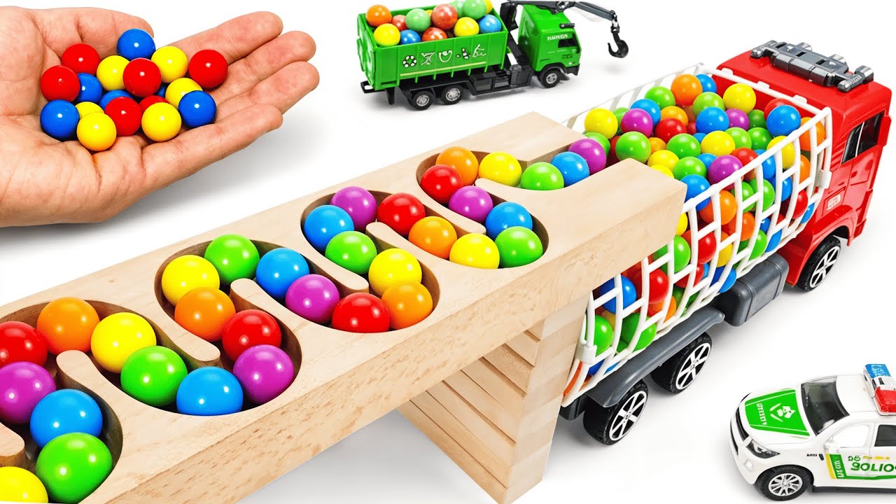 Marble Run Race ☆ HABA Slope & Retro Makita Truck, Excavator, Garbage Truck, Truck, Ambulances #04