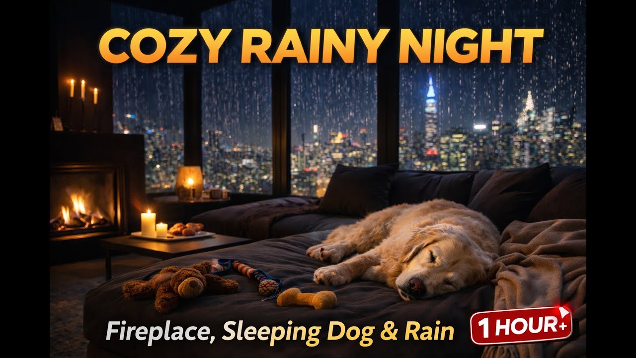 🌧️🐶Rainy City Night with Fireplace & Dog 🐶🔥 | Cozy Living Room (1 Hour)