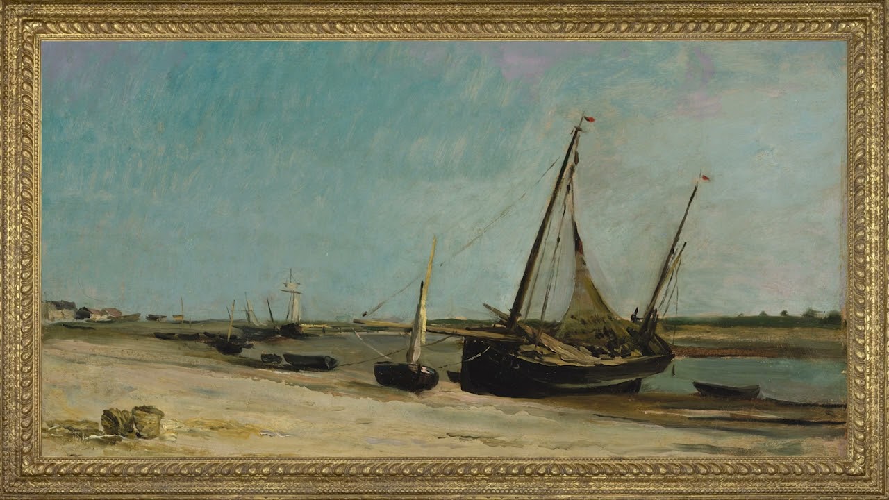 Moody Boat Oil Painting for TV | Boats on the Seacoast at Étaples | No Sound
