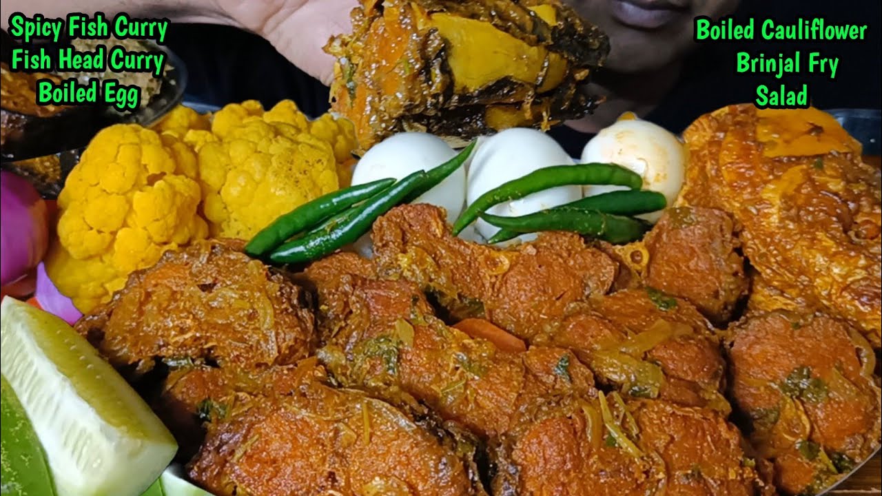 Spicy Fish Curry 🔥|| Big Fish Head Curry | Boiled Egg | Cauliflower | Brinjal Fry | Salad & Rice😋😋