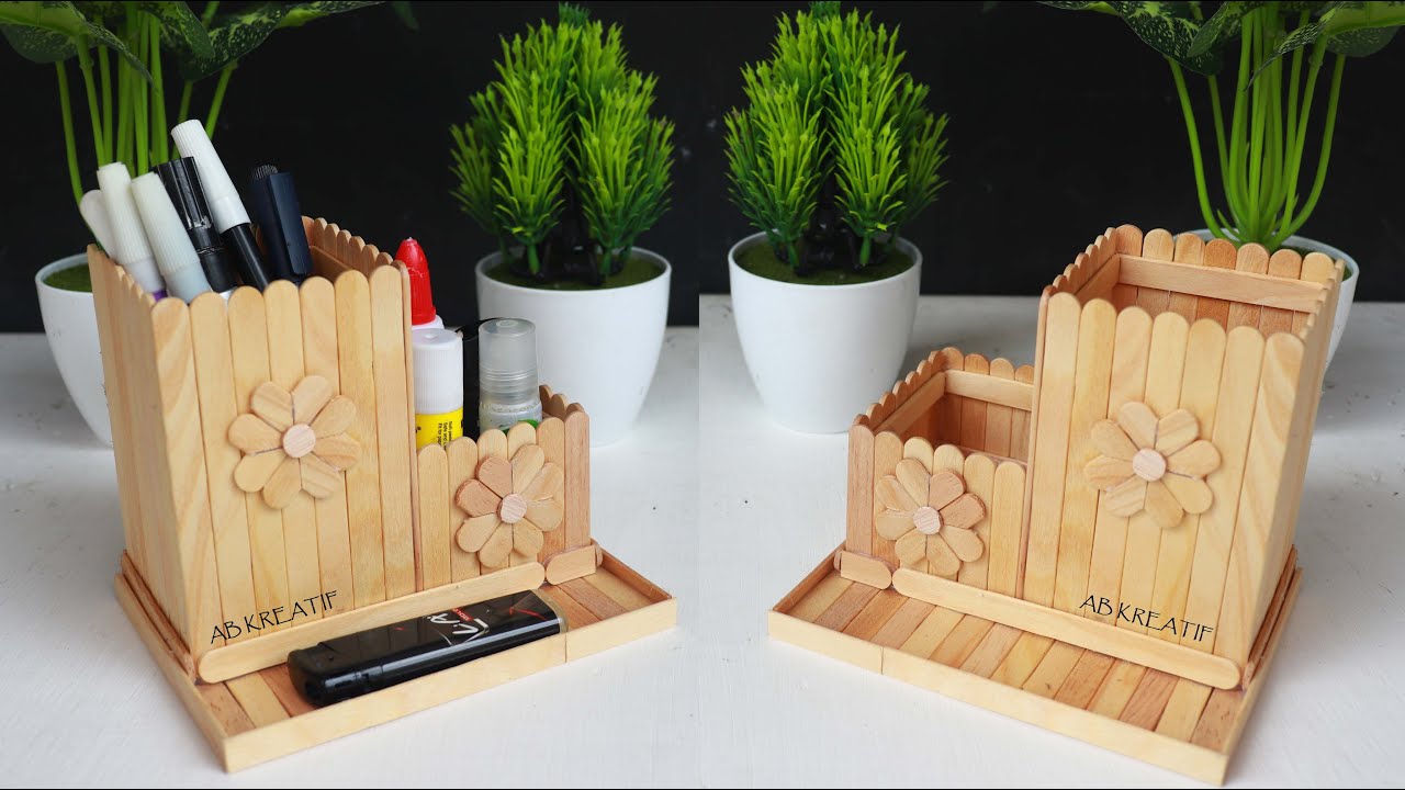 Ide Kreatif Tempat Pensil Stik Es Krim MUDAH | Popsicle stick craft ideas Pencil Holder Pen Stand